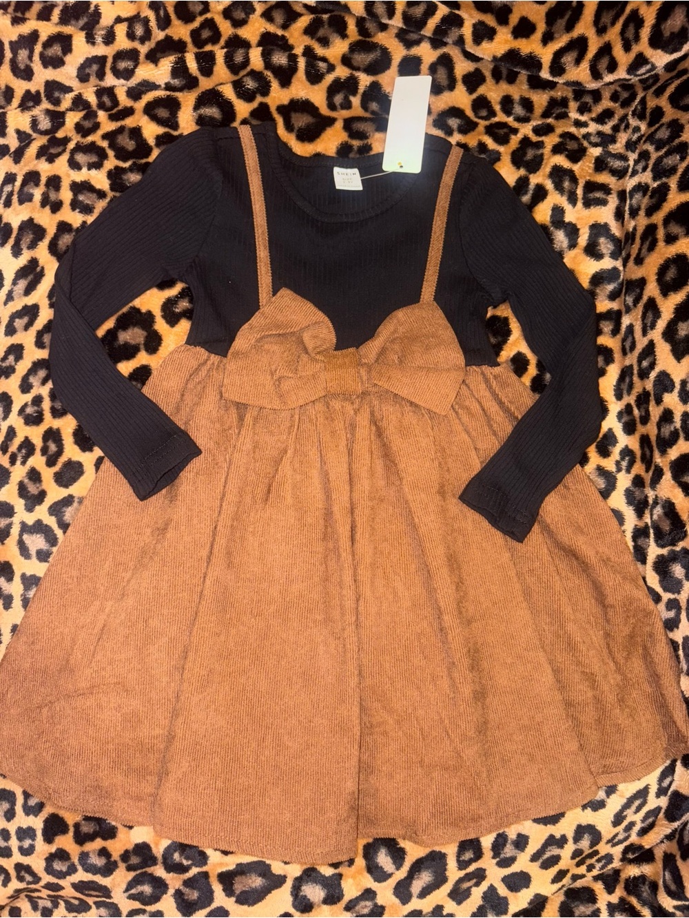 SHEIN Black & Brown Bow Pinafore Retro Preppy Cottagecore Long Sleeve Dress 3Y